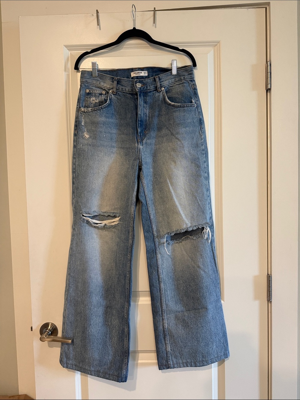Pull&Bear Distressed Wide Leg Jeans High Rise Ripped Denim US 8